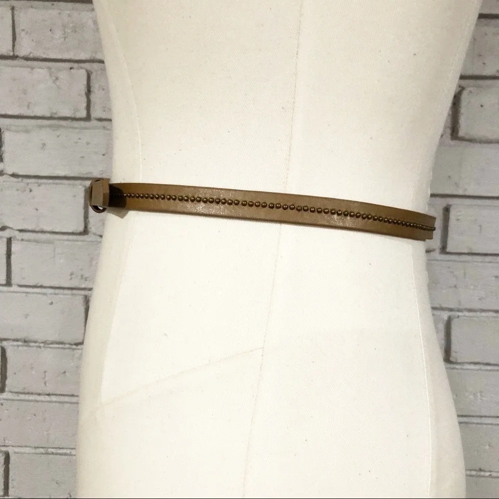 J.Crew Factory Tan Leather Skinny Belt Brass Micro Studded Brown‎ Small 31.5in